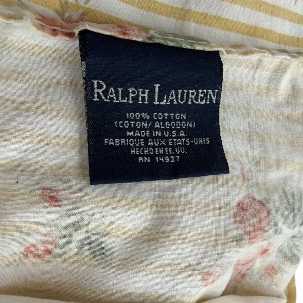 Ralph Lauren Sophie Brooke Floral Yellow Stripe Ruffled Queen Flat Sheet